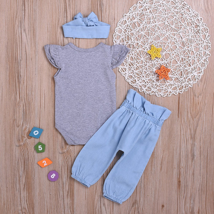 Girls' small flying sleeve khakis imitation denim waist pants hair hoop three piece set