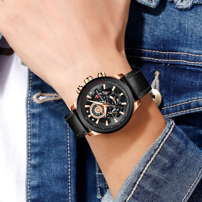 Men Watch Sports Fashion Mechanical Style Leather Business Calendar Waterproof WristWatch