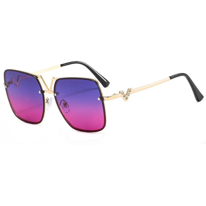 Square metal sunglasses V-shaped diamond inlay