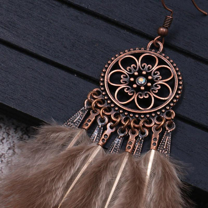 Fashion Flower Alloy Feather Chain Tassel Earrings