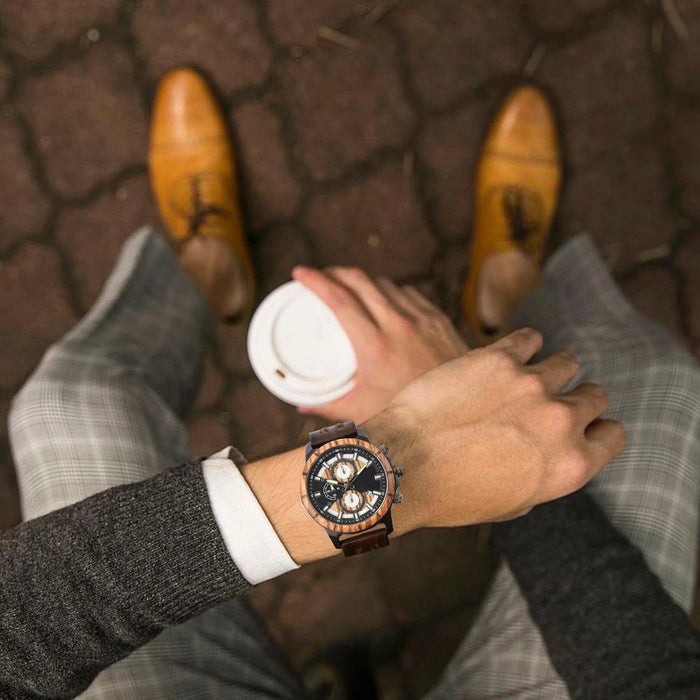 New Men's Business Multifunctional Luminous Large Dial Wooden Quartz Watch