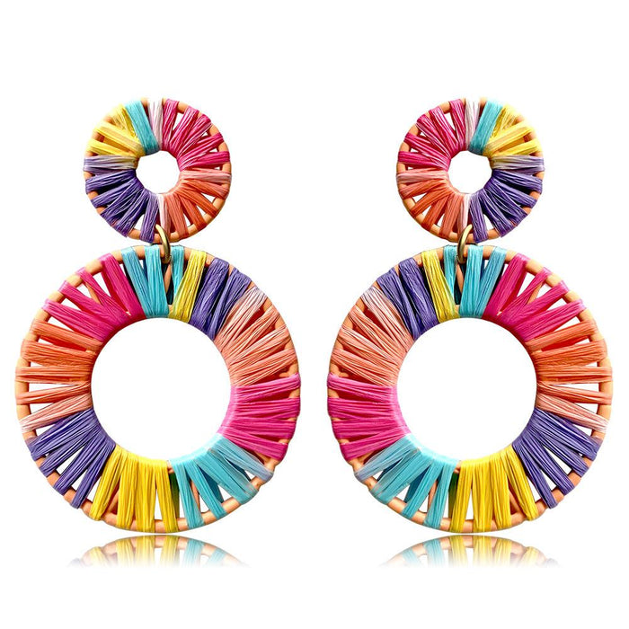 Colorful Lafite Woven Geometric Double Round Earrings Jewelry