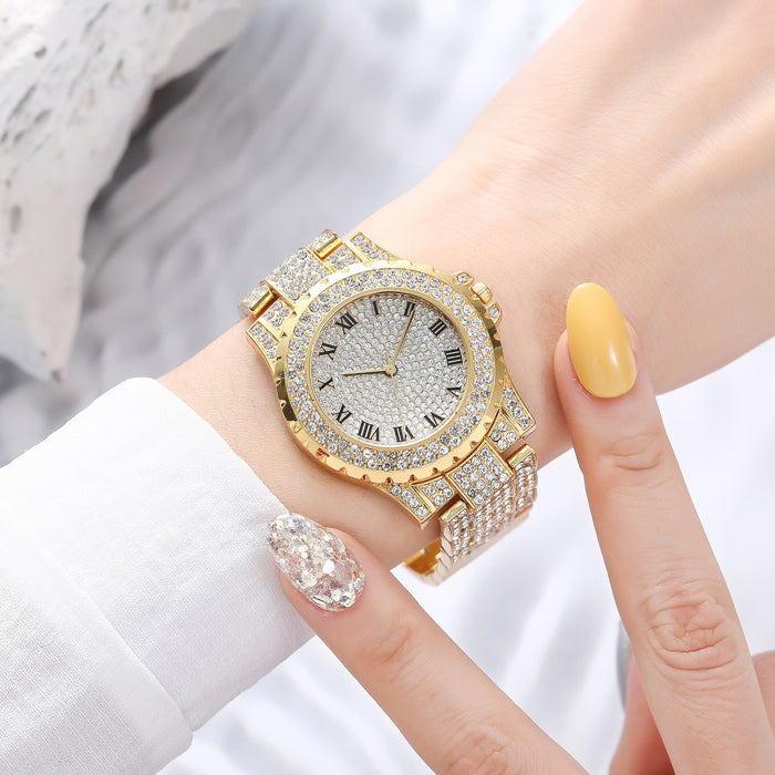 Fashion Casual Full Rhinestone Retro Roman Steel Band Ladies Quartz Watch
