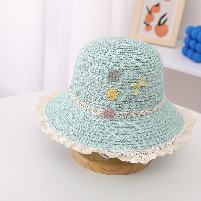 Trendy Three-color Button Children's Lace Straw Hat Bag Set
