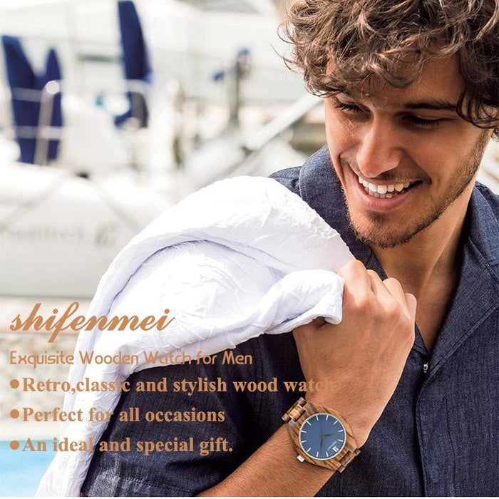 Quartz Watch Men's Cool Sandalwood Blue Literal Wood Watch