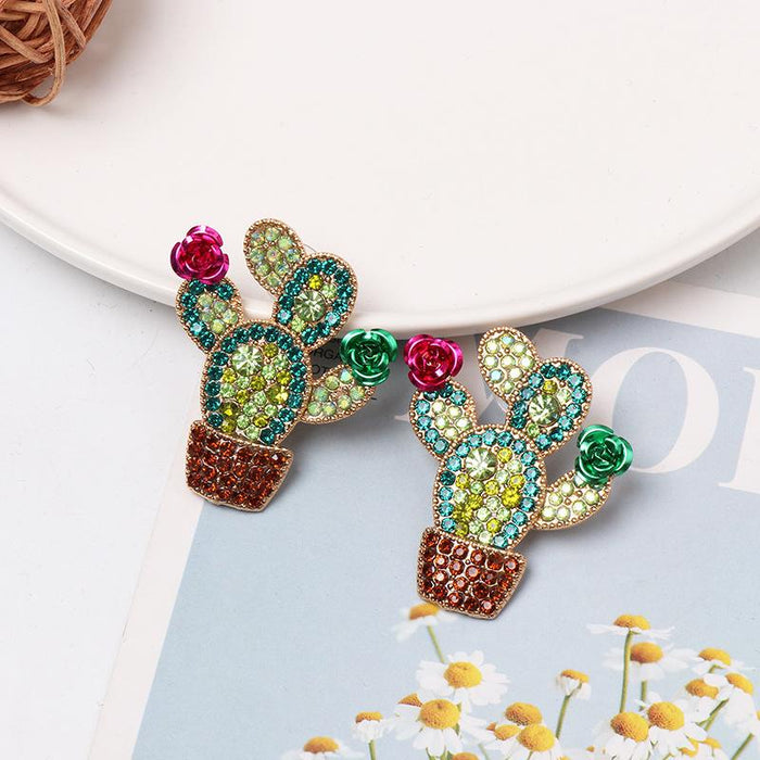 Women's Jewelry Plant Cactus Earrings Inlaid Rhinestone
