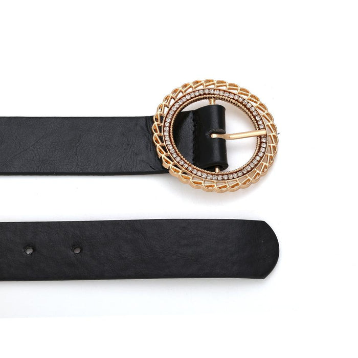 Round diamond encrusted belt hollow metal needle buckle belt waist