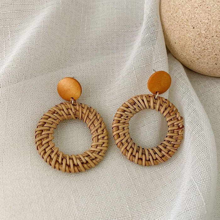 Wooden Handmade Rattan Geometric Earrings Female