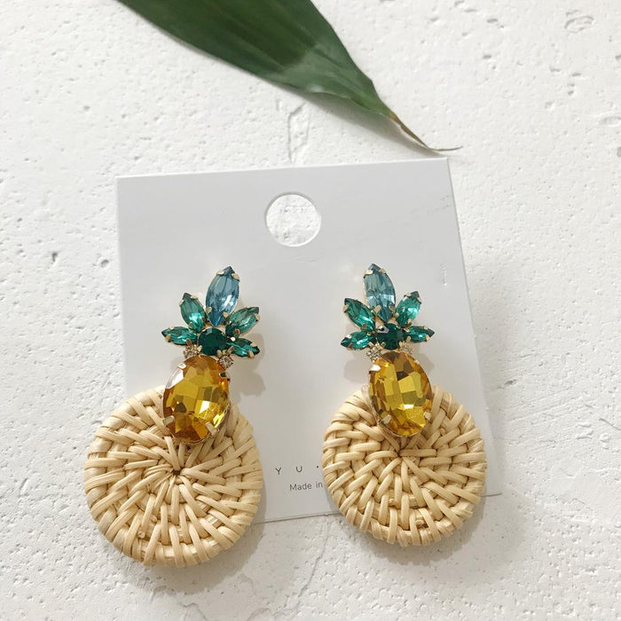 Geometric Round Rhinestone Fruit Pineapple Rattan Earrings