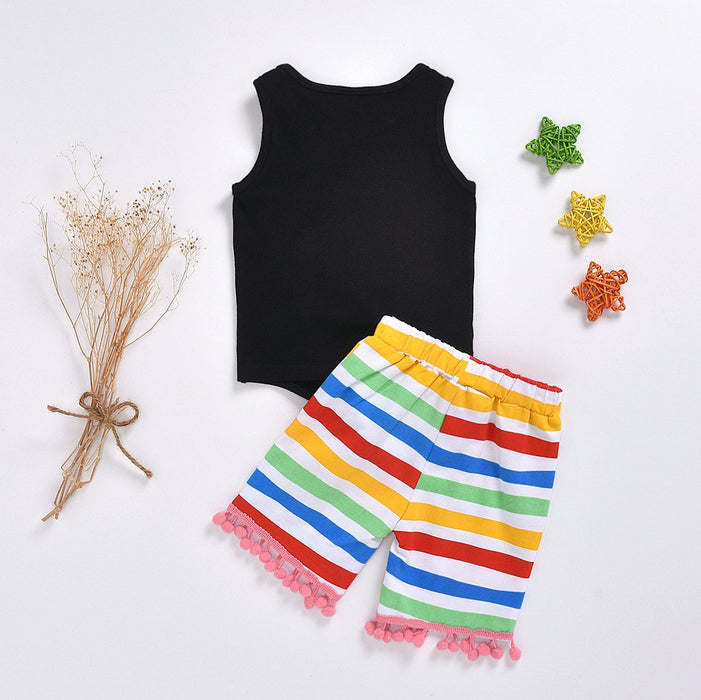 Sleeveless vest letter print top Rainbow Stripe fashion tassel shorts