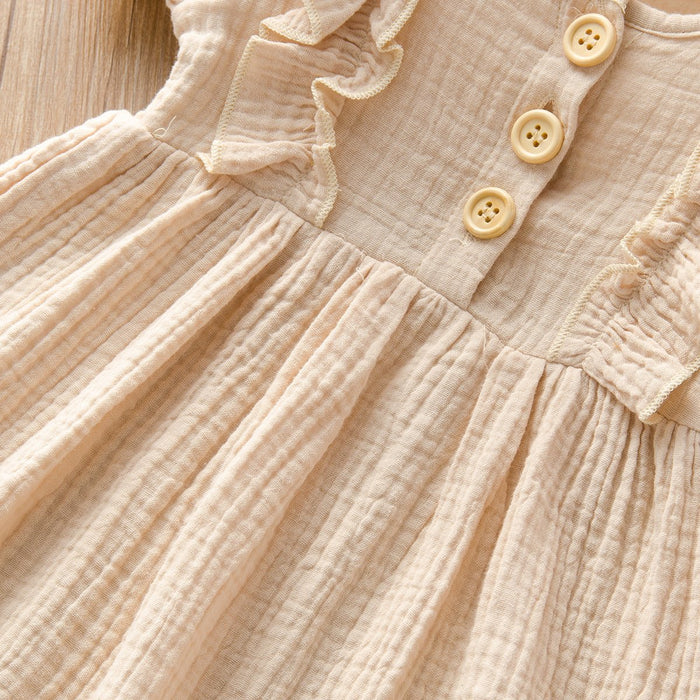 Cotton linen short sleeve stitched girls dress