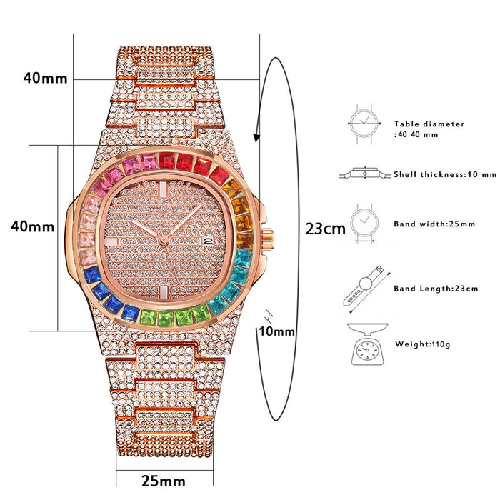 Luxury Branded Watches Stainless Steel Diamond Strap Fashion Men Calendar Watch