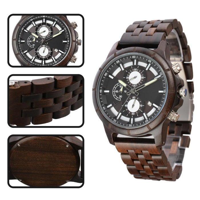 New Men's Business Multifunctional Luminous Large Dial Wooden Quartz Watch