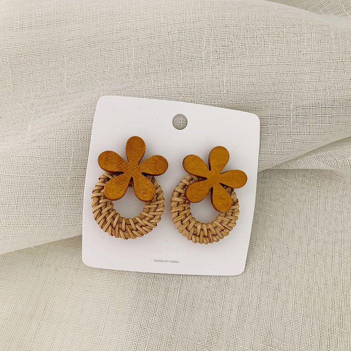 Wooden Flowers Exaggerated Temperament Rattan Long Earrings Jewelry