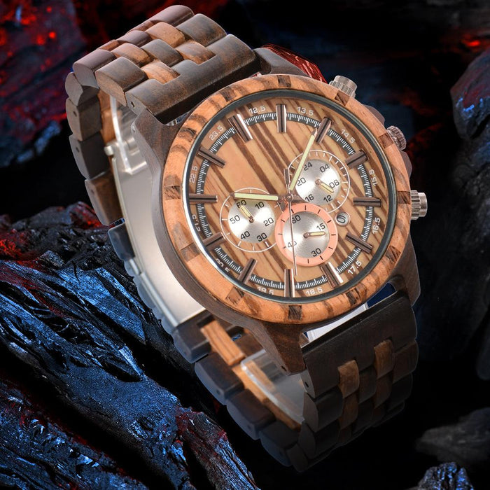 New Men's Multifunctional Business Luminous Large Dial Wood Quartz Watch