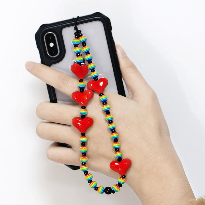 Personalized Fashion Acrylic Rainbow Rice Bead Mobile Phone Lanyard