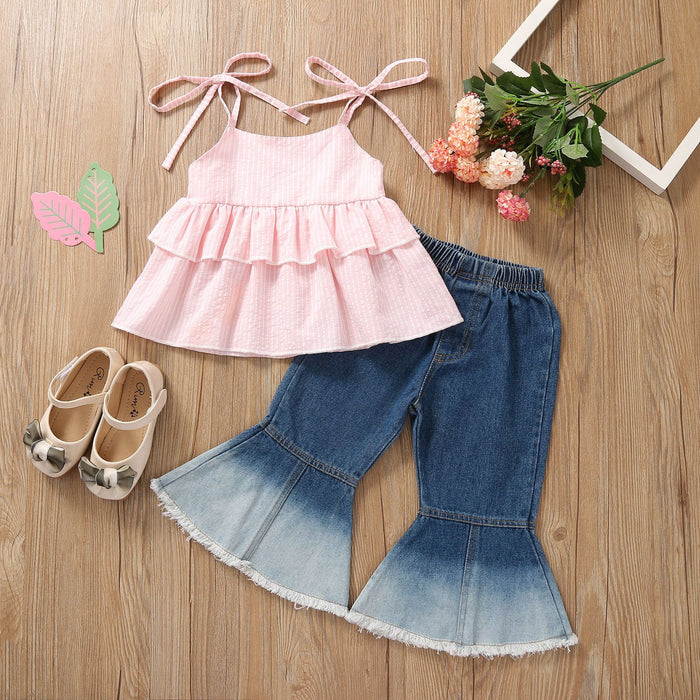 Striped suspender jeans flared pants girls' suit