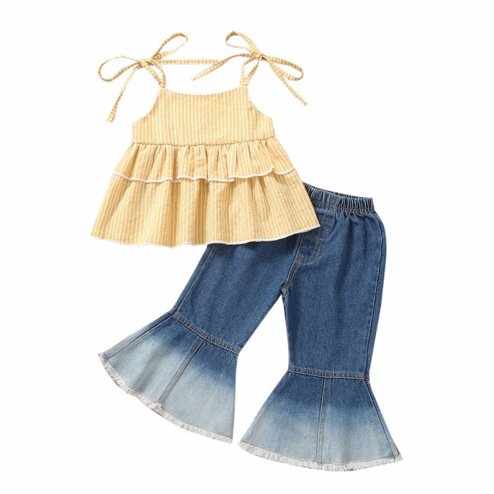 Striped suspender jeans flared pants girls' suit