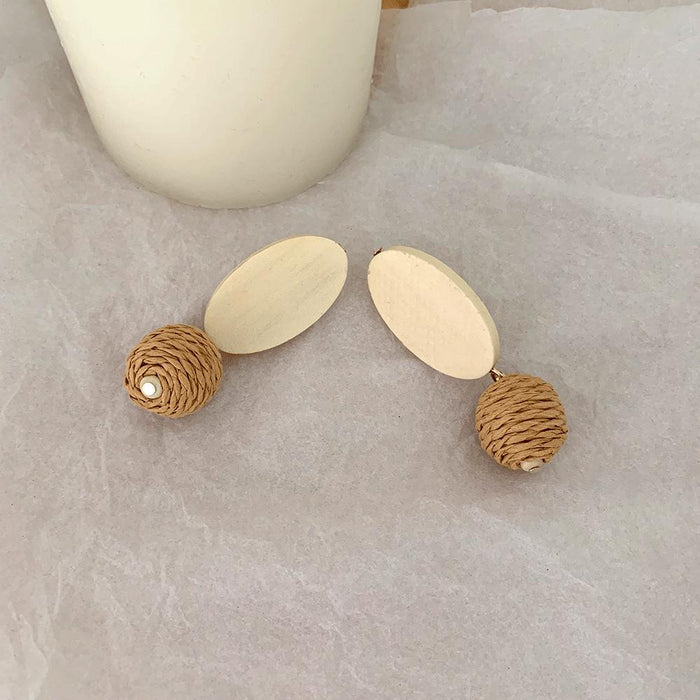 Exaggerated Long White Ball Wooden Grass Rattan Woven Earrings