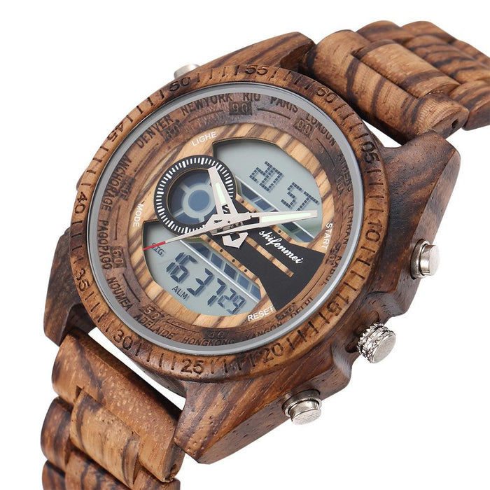 New LCD Dual Display Electronic Outdoor Sports Luminous Wooden Watch