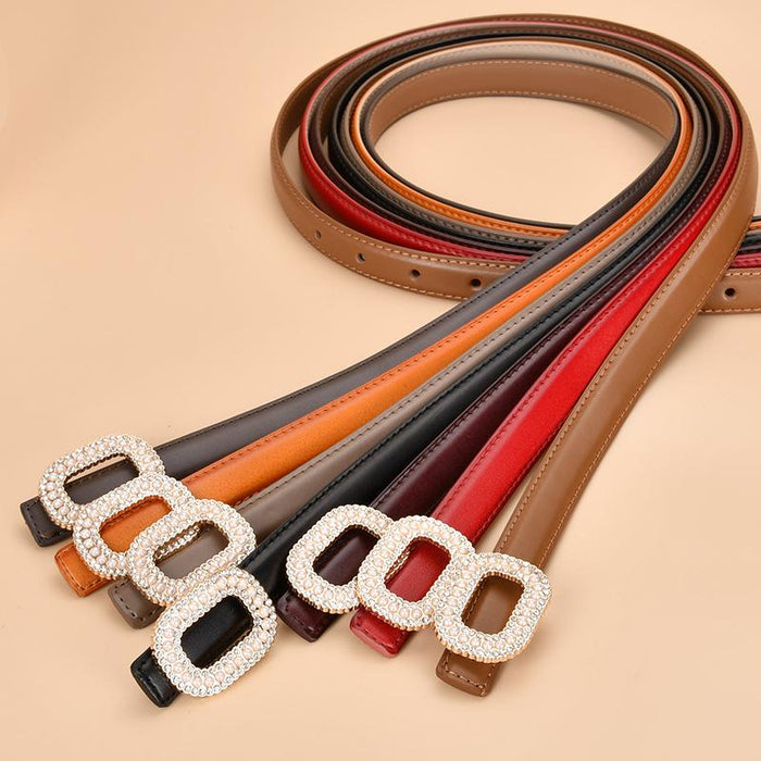 New Women's Inlaid Pearl Rhinestone Round Buckle Leather Belt