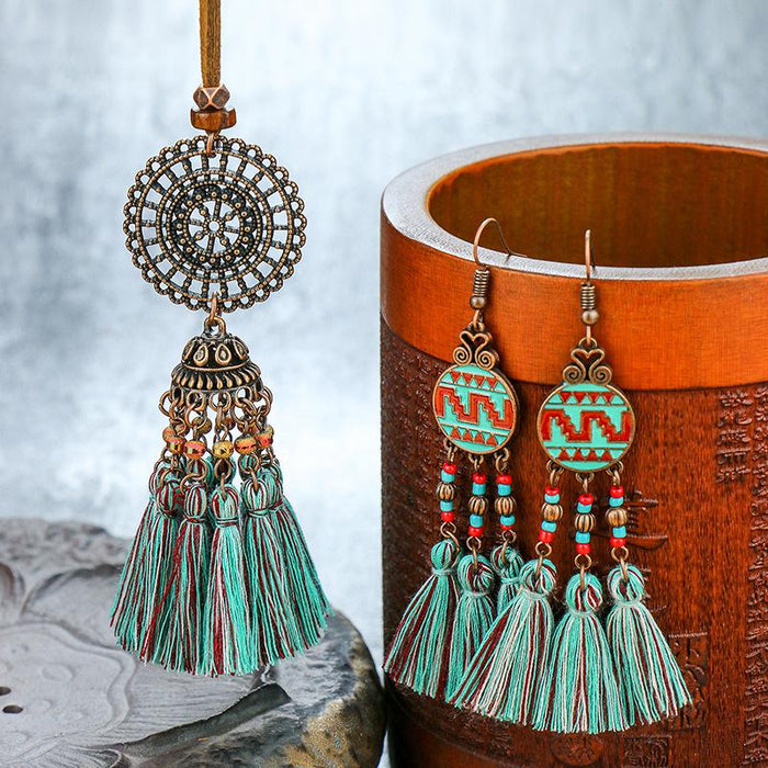 Bohemian Ethnic Style Colorful Handmade Tassel Earrings Necklace Set