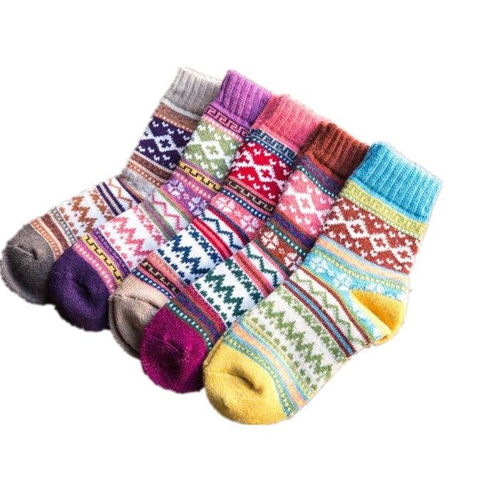 5 Pairs Winter Thick Warm Wool Women Cross Flower Socks