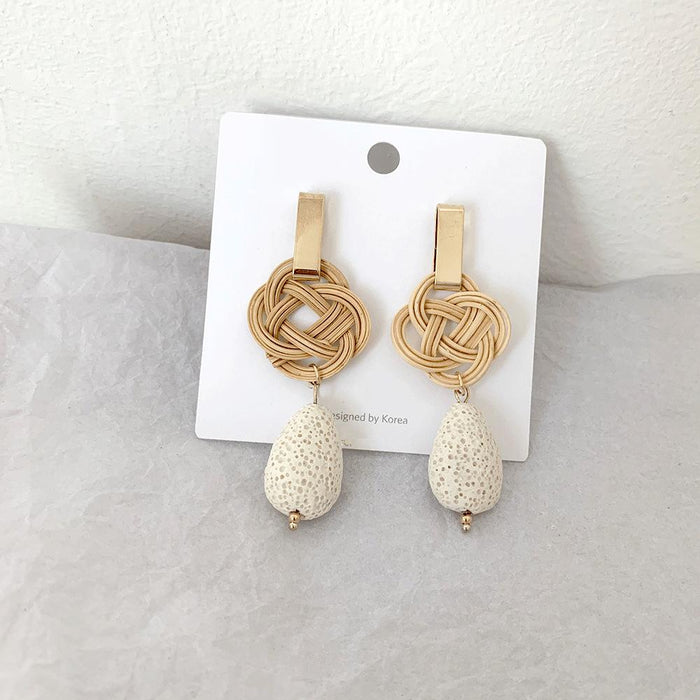 Temperament Knotted Rattan Long Volcanic Stone Earrings Jewelry