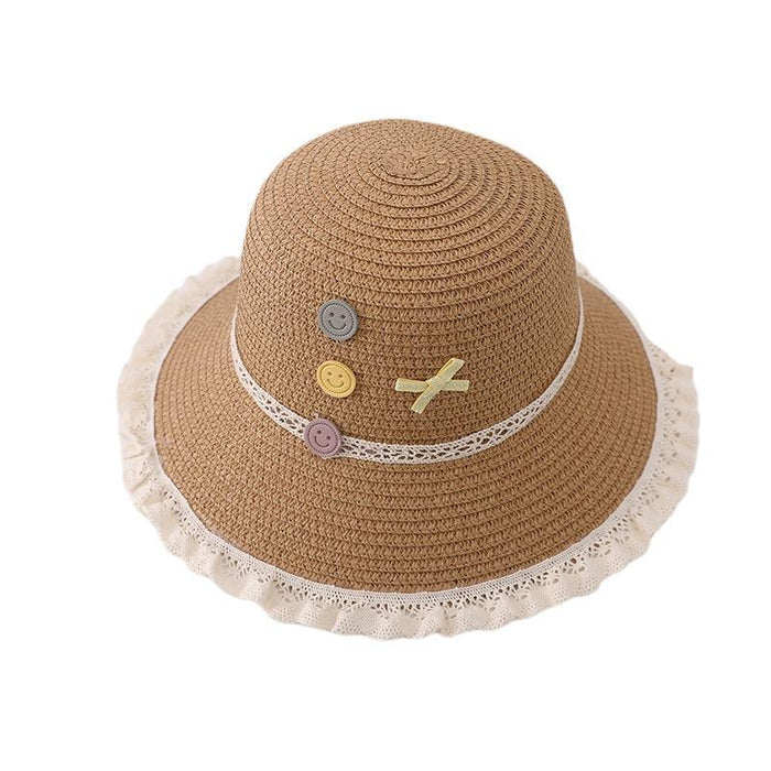 Trendy Three-color Button Children's Lace Straw Hat Bag Set