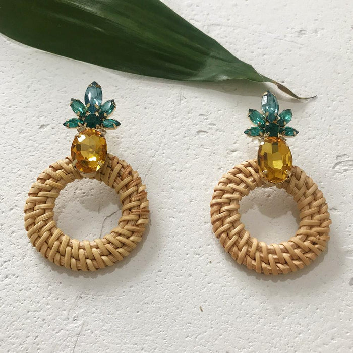Geometric Round Rhinestone Fruit Pineapple Rattan Earrings