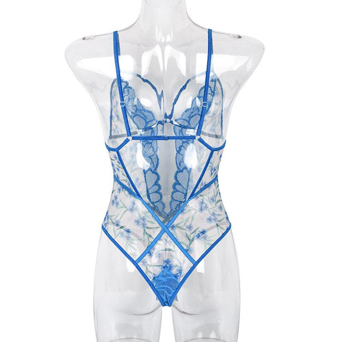 Women's Summer Mesh Lingerie Floral Print Slim Bodysuit