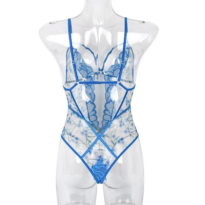 Women's Summer Mesh Lingerie Floral Print Slim Bodysuit