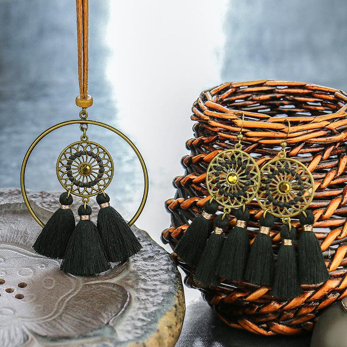 Bohemian Necklace Earring Set Handmade Tassel Hollowed Out Pendant