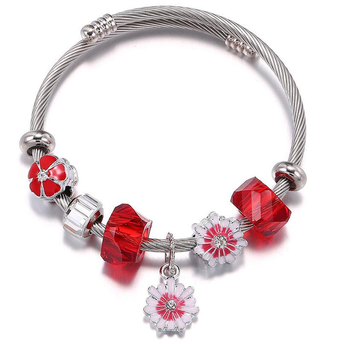 Open Stainless Steel Drop Oil Flower Pendant Bracelet