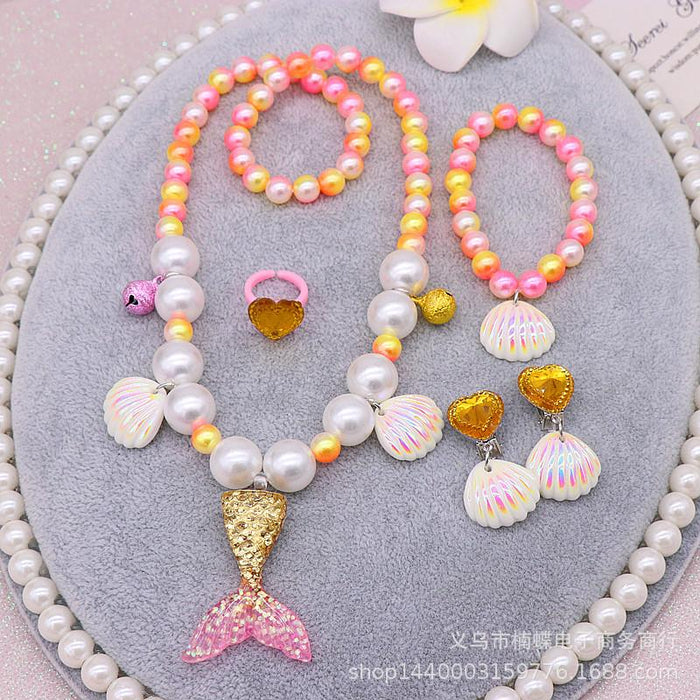 Children's Beauty Fishtail Pearl Necklace Bracelet Ring Earring Set