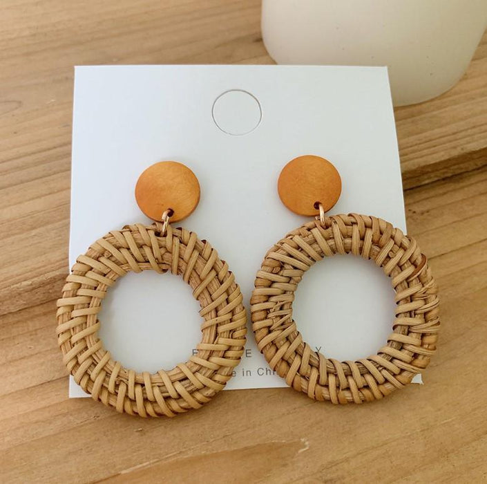 Wooden Handmade Rattan Geometric Earrings Female