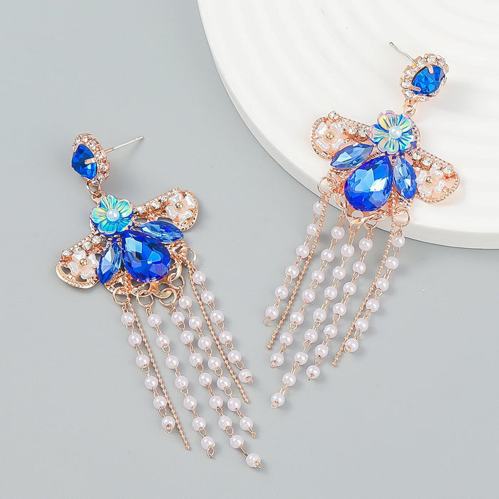 Large Colored Rhinestone Tassel Drop Earrings