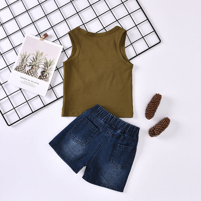 Sleeveless letter top washed hole denim shorts