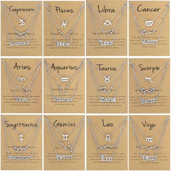 Twelve Constellations Retro Alphabet Symbol Diamond Set Three Piece Necklace