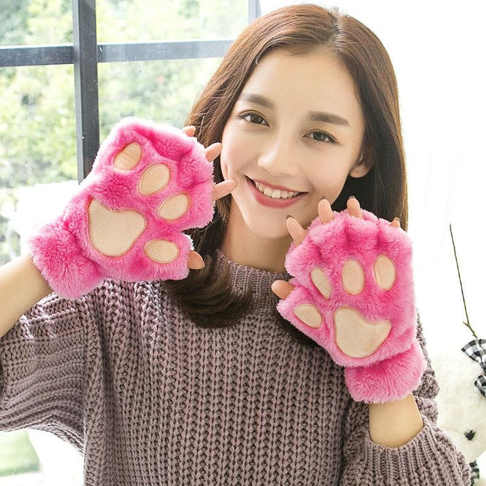 Bear Embroidery Soft Plush Gloves Women Winter Warm
