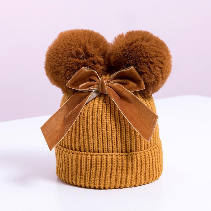 Double Plush Ball Kids Thickened Knit Bow Hat