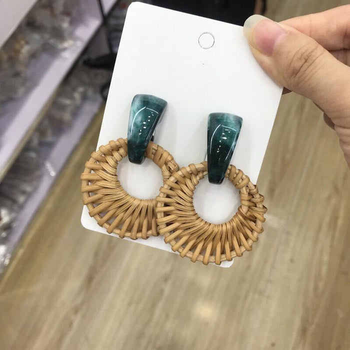 Vintage Resin Circular Hollow Bamboo Rattan Woven Earrings