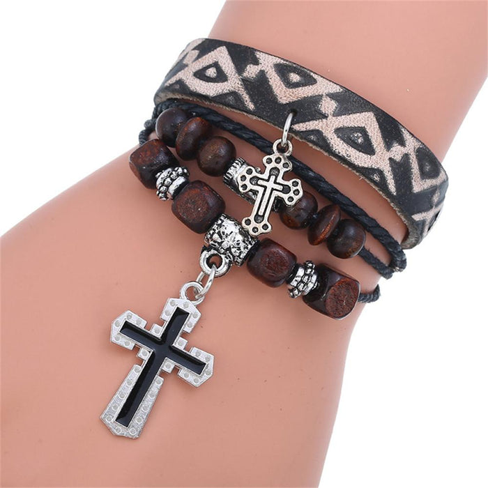 Handmade Christian Cross Leather Wristband Bracelet