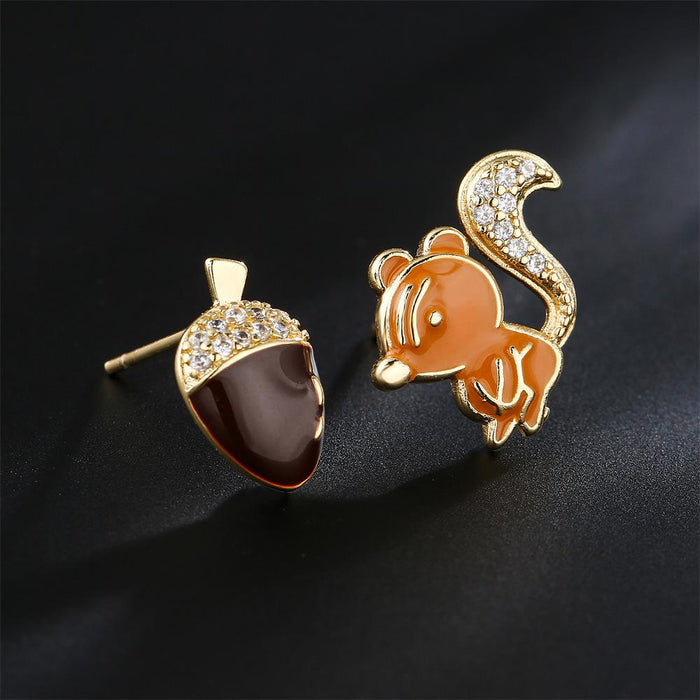 Personalized Oil Drop Gold Color Squirrel Zircon Animal Stud Earrings