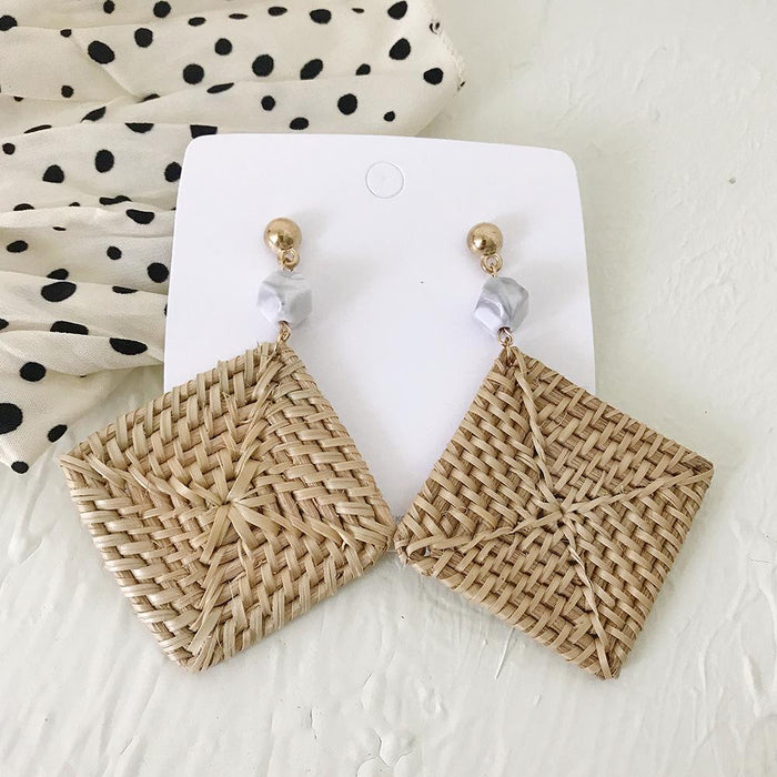 Vintage Exaggerated Geometric Square Rattan Woven Holiday Style Earrings Jewelry