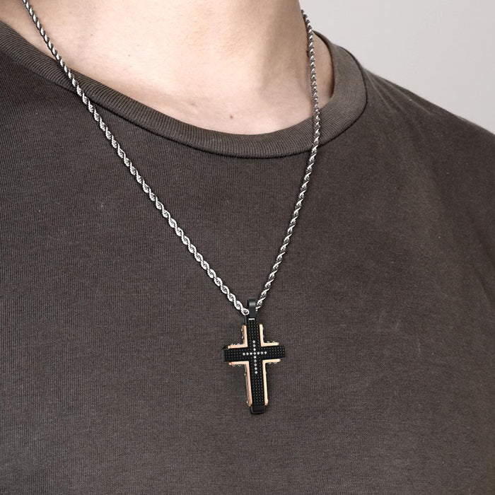 Titanium Steel Checkered Two-color Cross Pendant Necklace