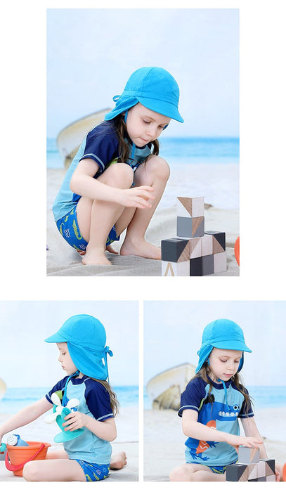 Blue Ruffled Outdoor Sunscreen Thin Children's Shawl Hat