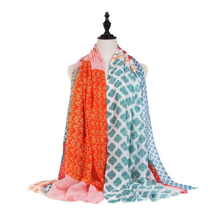 Satin Printed Contrast Stitched Scarf for Sun Protection and Warmth In Spring