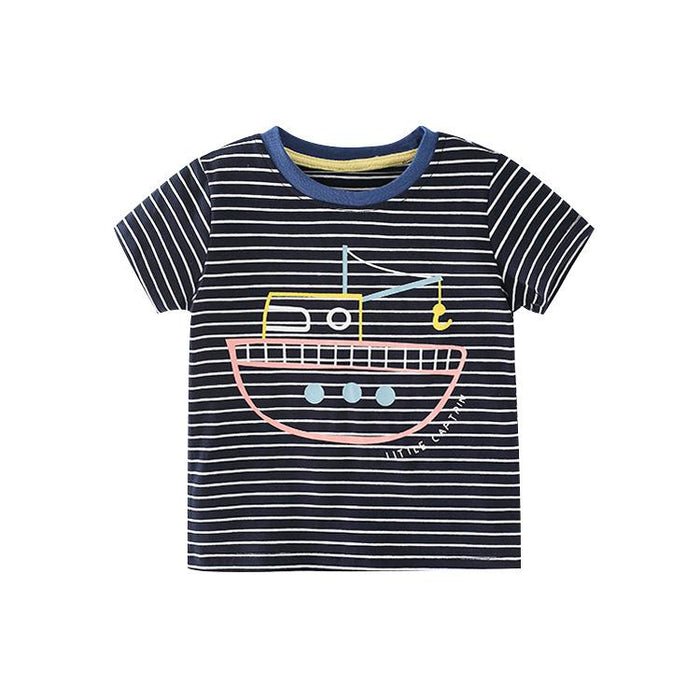 Children's handsome stripe cartoon cotton short sleeve round neck T-shirt