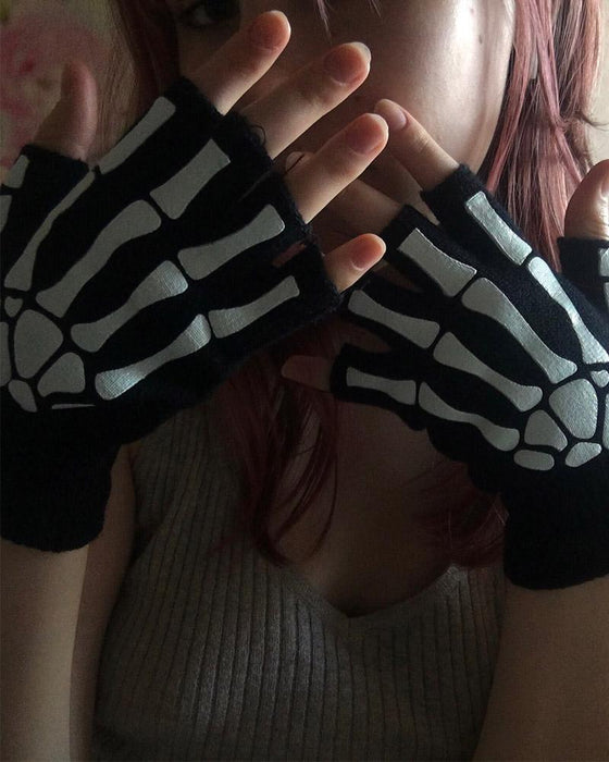 New Punk Unisex Halloween Skeleton Skull Half Finger Gloves